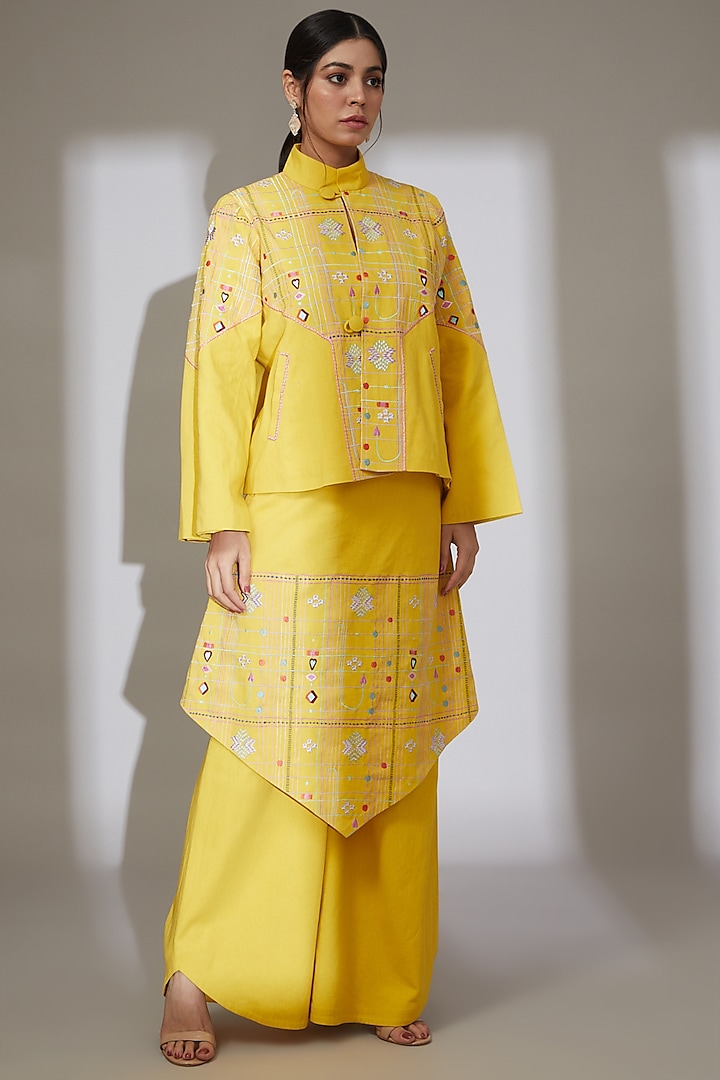 Mustard Yellow Embroidered Jacket by Beejoliyo