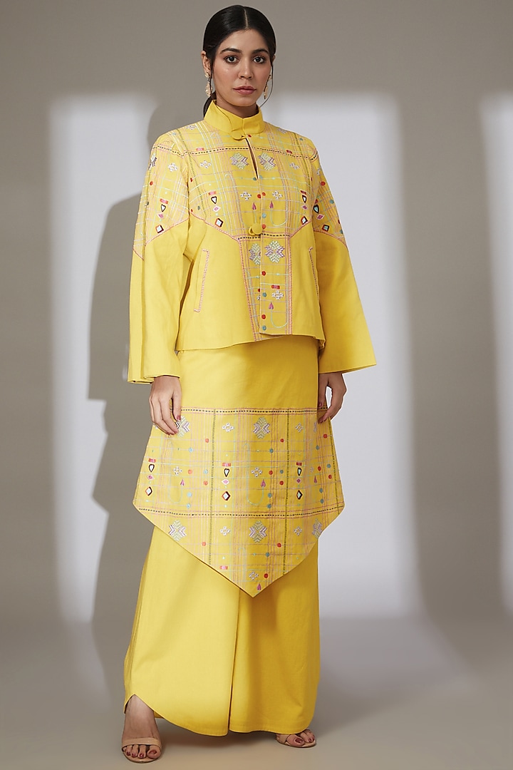 Mustard Yellow Embroidered Pant Set by Beejoliyo