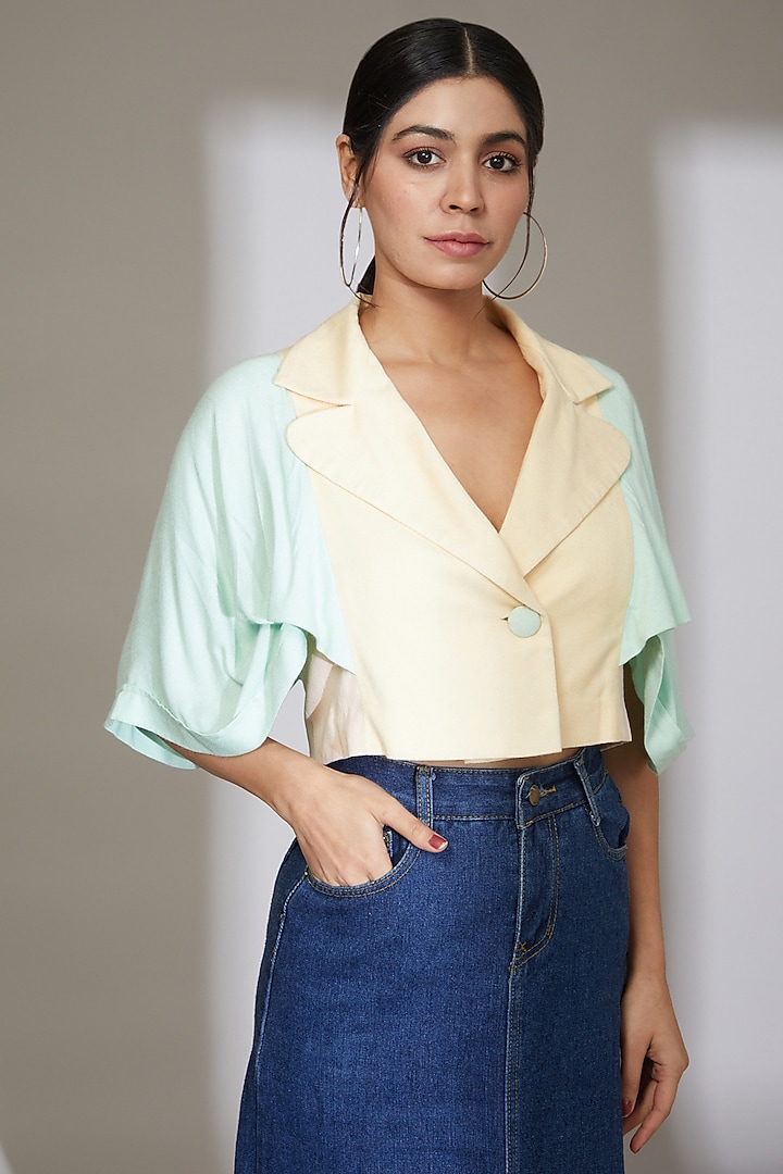 Cream & Blue Recycled Cotton Short Jacket by Beejoliyo at Pernia's Pop Up Shop