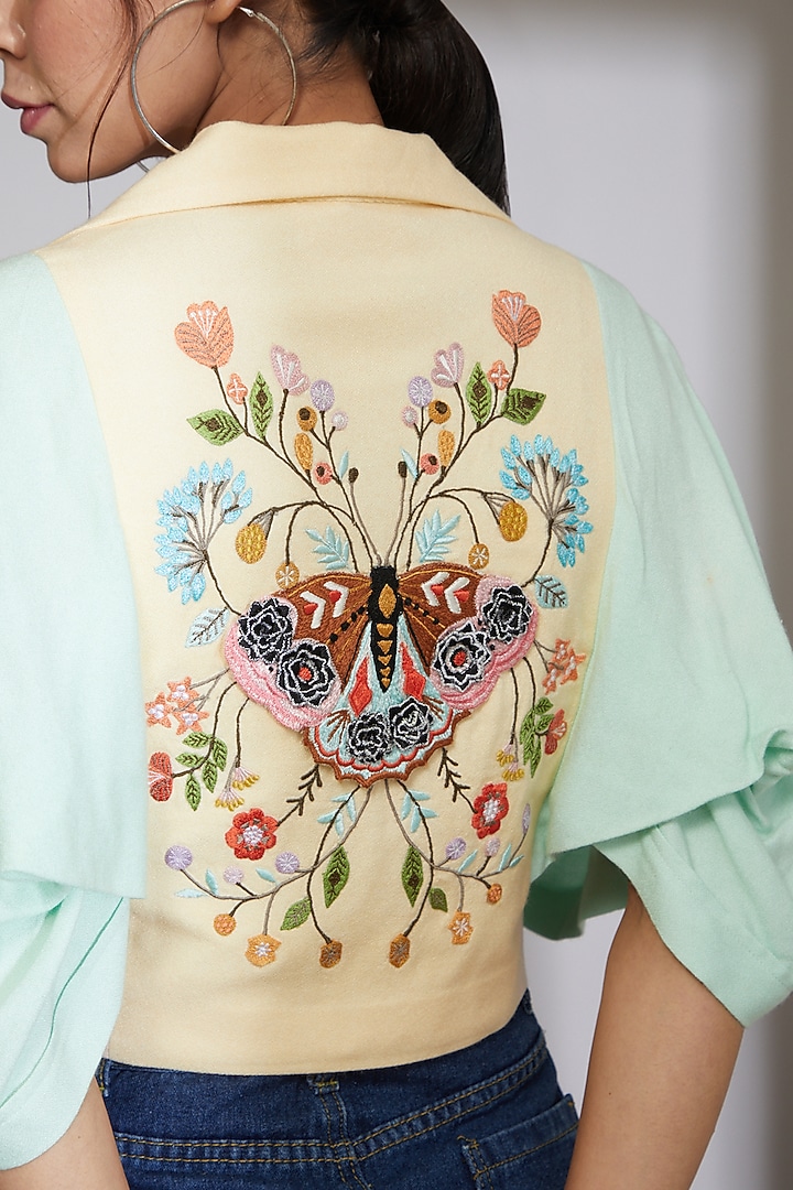 Cream & Blue Recycled Cotton Short Jacket by Beejoliyo at Pernia's Pop Up Shop