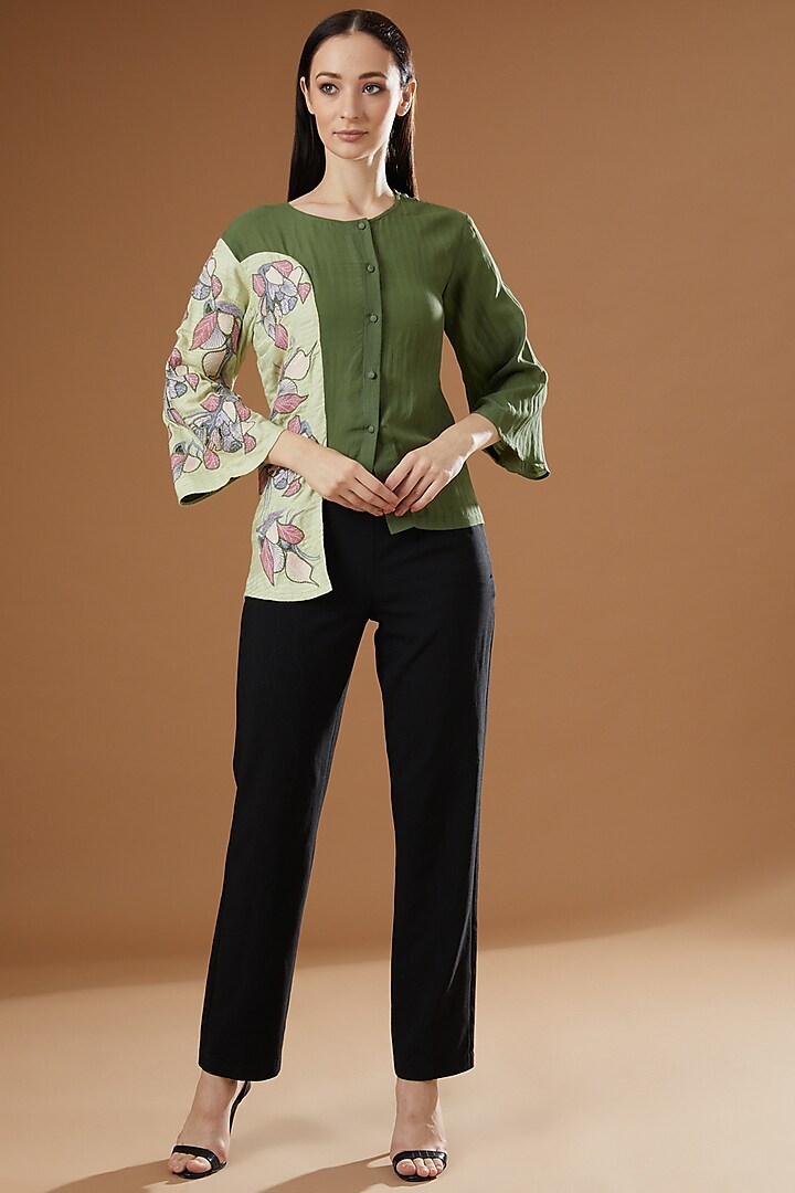 Olive Green Embroidered Shirt by Beejoliyo at Pernia's Pop Up Shop