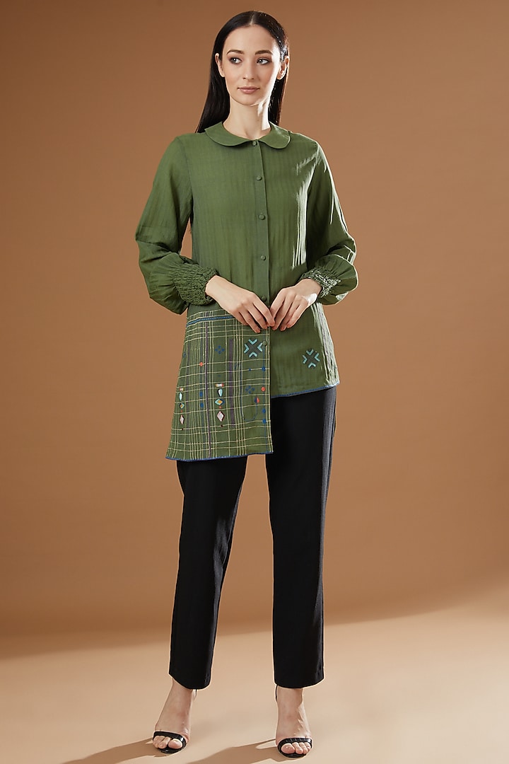 Olive Green Cotton Embroidered Shirt by Beejoliyo
