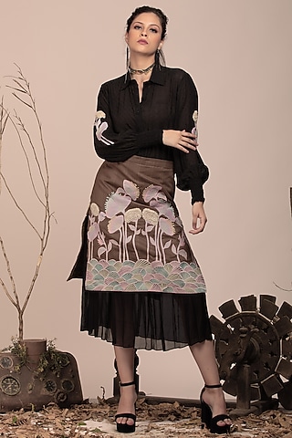 Brown Suede Embroidered Pencil Skirt Set by Beejoliyo