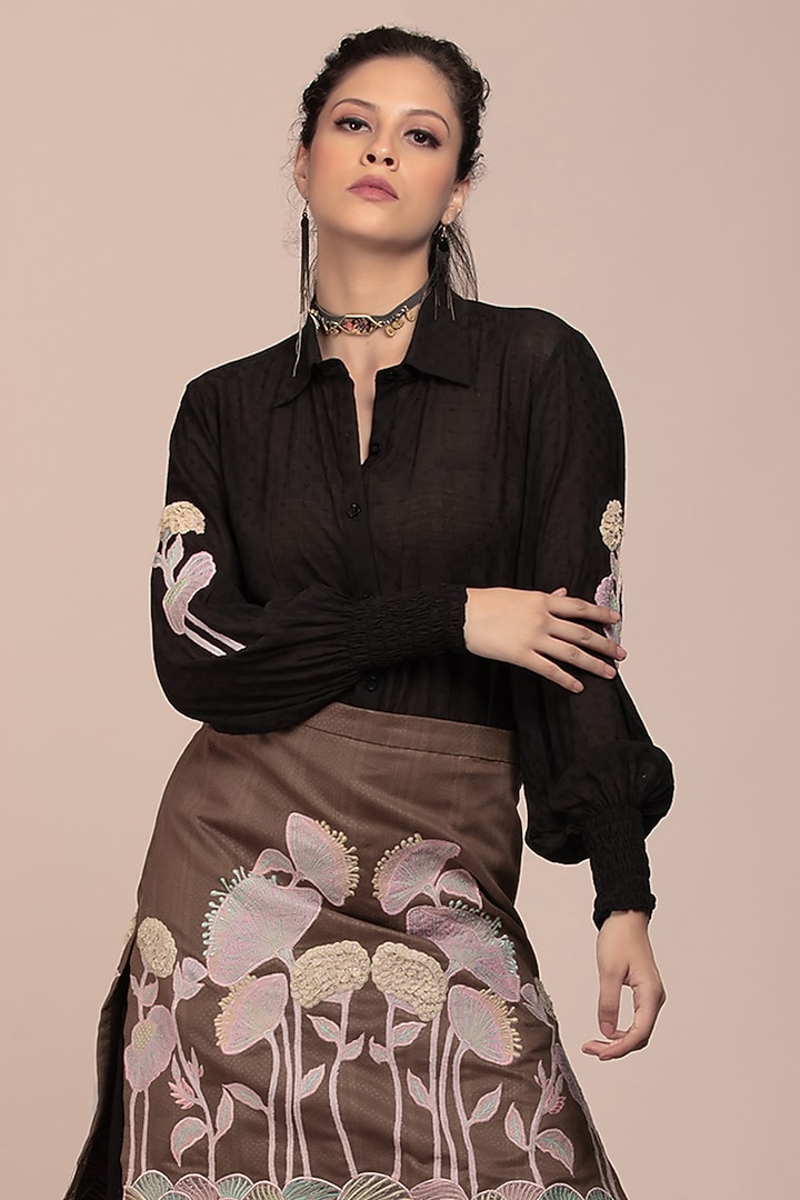 Brown Suede Embroidered Pencil Skirt Set by Beejoliyo at Pernia's Pop Up Shop