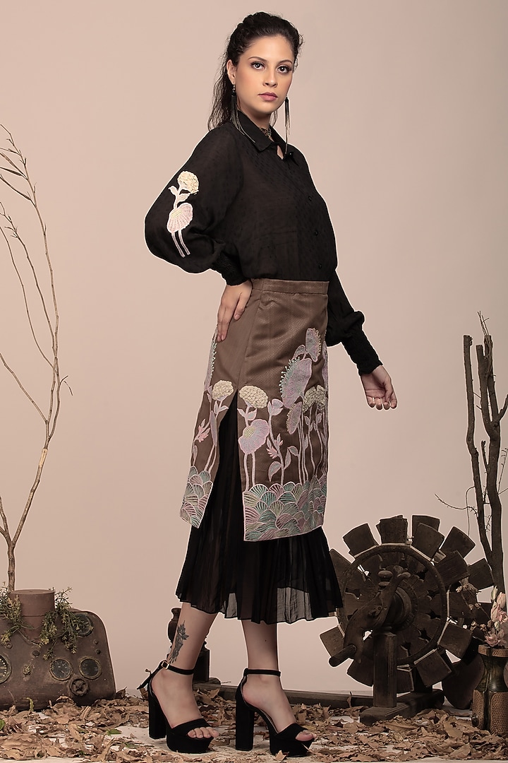 Brown Suede Embroidered Pencil Skirt Set by Beejoliyo at Pernia's Pop Up Shop