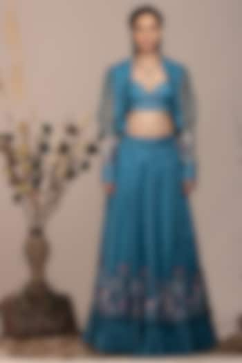 Teal Blue Suede Floral Embroidered Jacket Wedding Lehenga Set by Beejoliyo at Pernia's Pop Up Shop