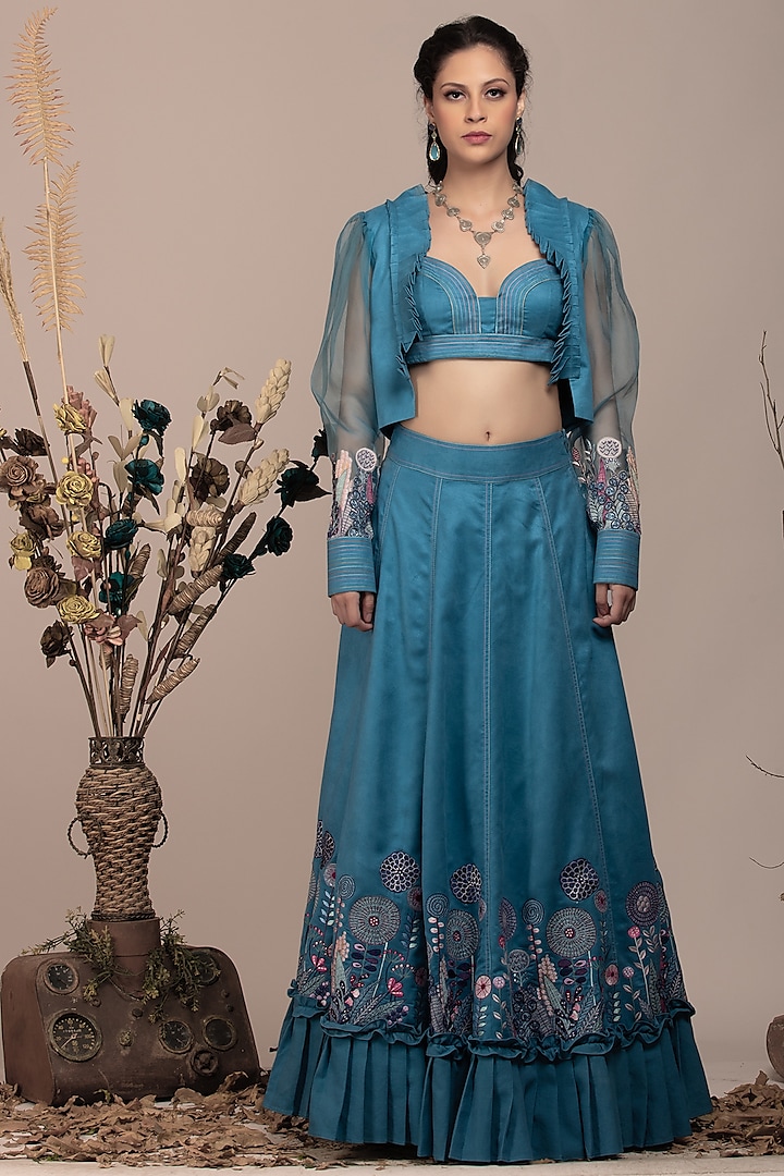 Teal Blue Suede Floral Embroidered Jacket Wedding Lehenga Set by Beejoliyo at Pernia's Pop Up Shop