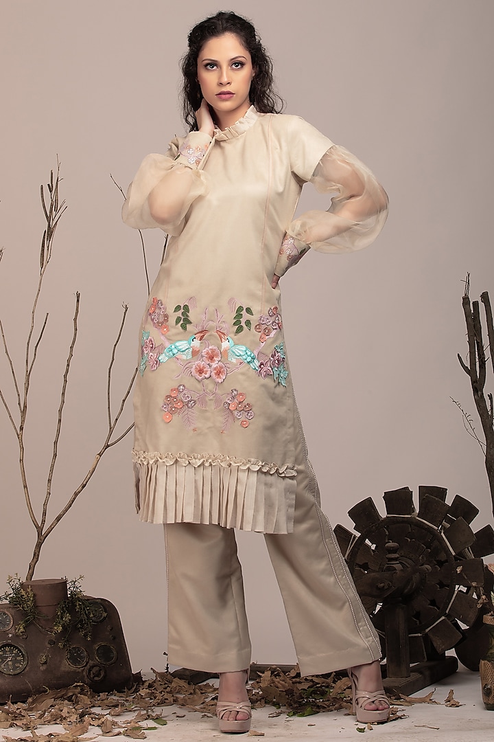 Beige Suede Embroidered Kurta Set by Beejoliyo at Pernia's Pop Up Shop