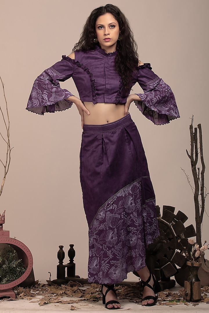 Purple Suede & Cotton Floral Embroidered Asymmetrical Skirt Set by Beejoliyo at Pernia's Pop Up Shop