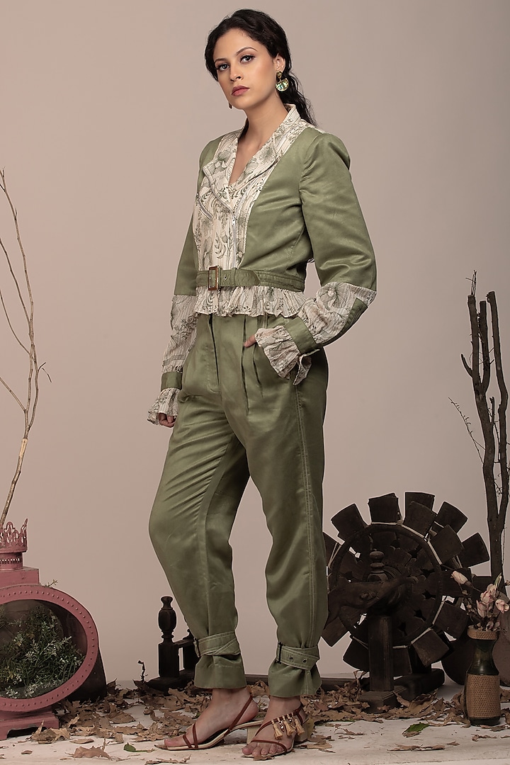 Sage Green Suede Embroidered & Printed Bomber Jacket Set by Beejoliyo at Pernia's Pop Up Shop