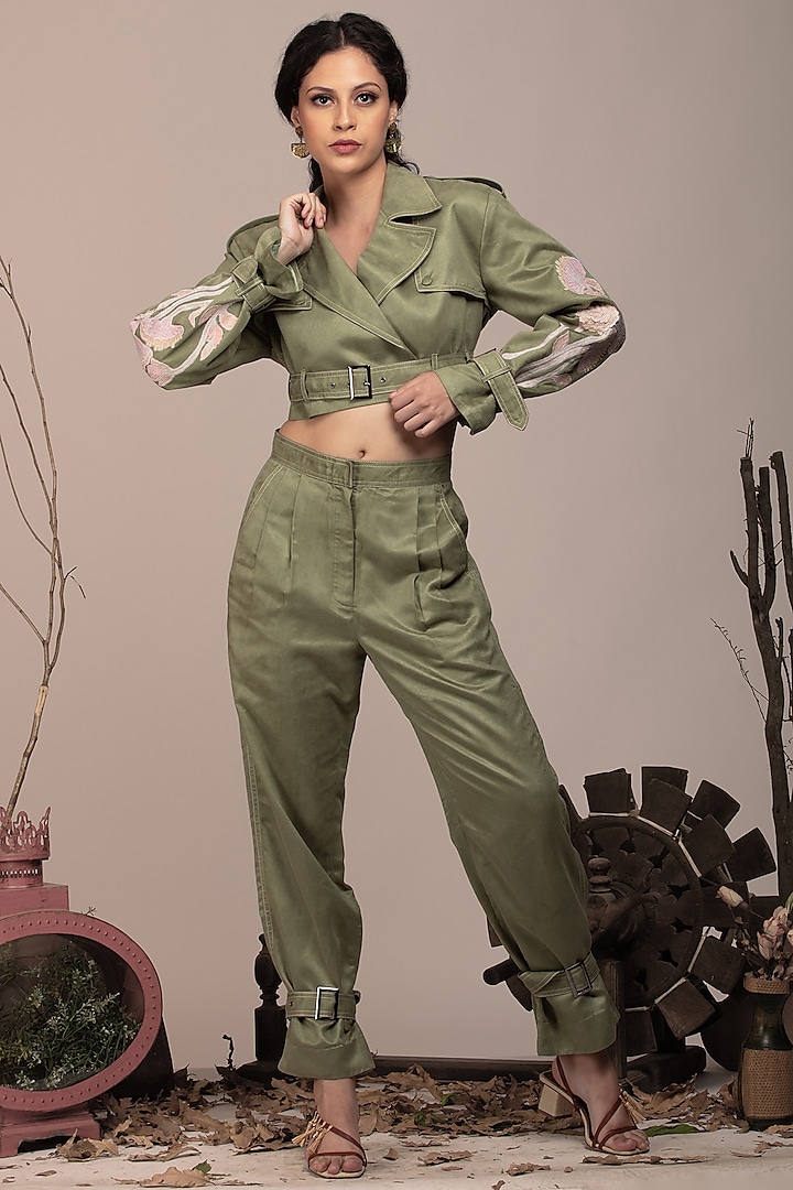 Sage Green Suede Embroidered Bomber Crop Jacket Set by Beejoliyo at Pernia's Pop Up Shop