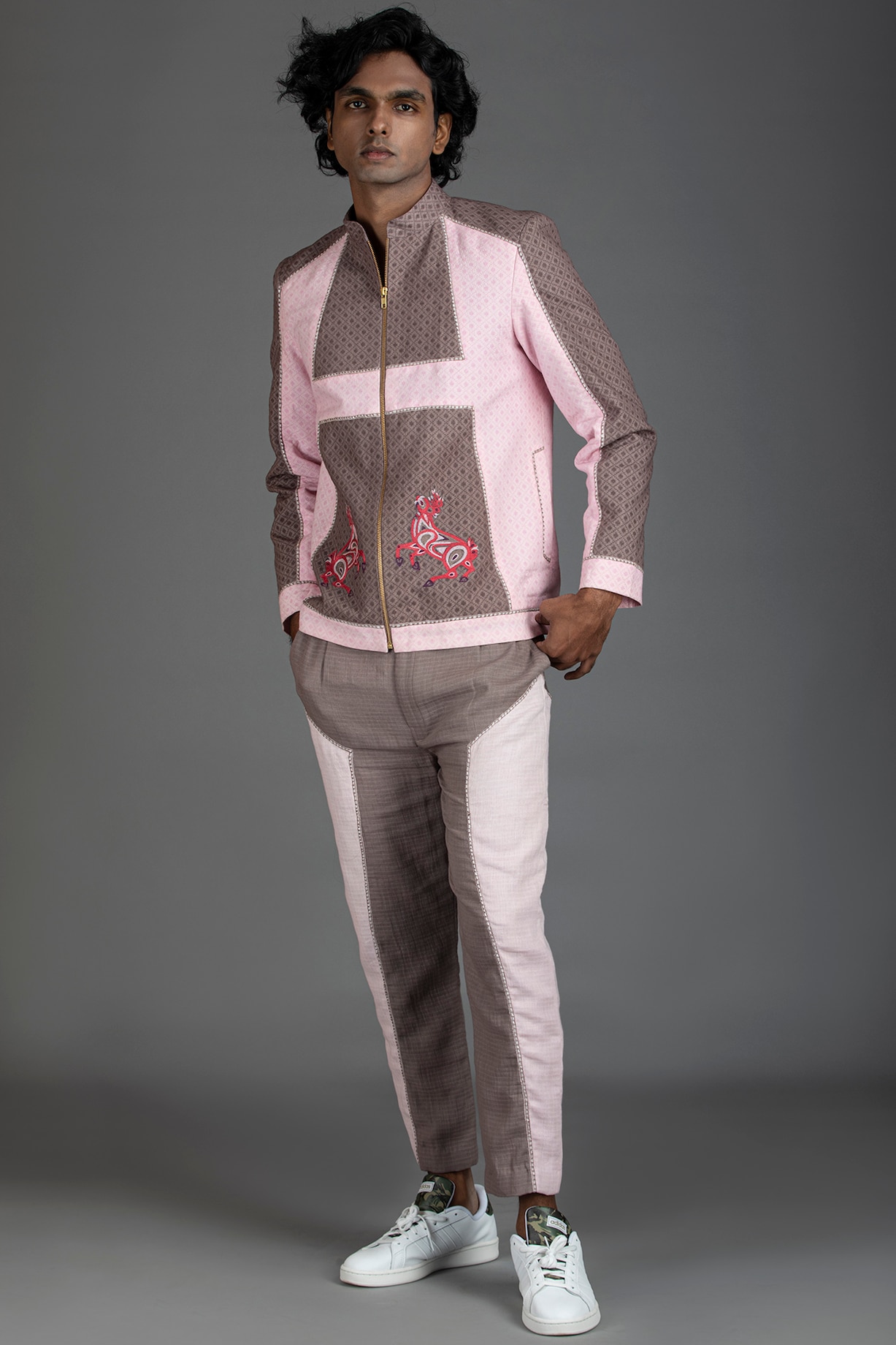 Light Pink & Brown Embroidered Bomber Jacket Set Design by