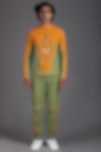 Sage Green & Orange Embroidered Bomber Jacket Set by Beejoliyo Men
