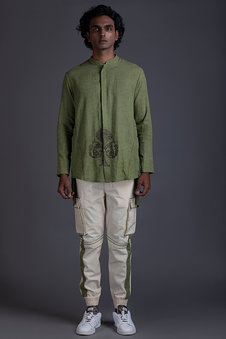 Sage Green Patchwork Long Line Shirt by Beejoliyo Men