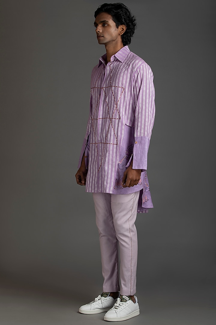 Purple Embroidered Long Line Shirt by Beejoliyo Men