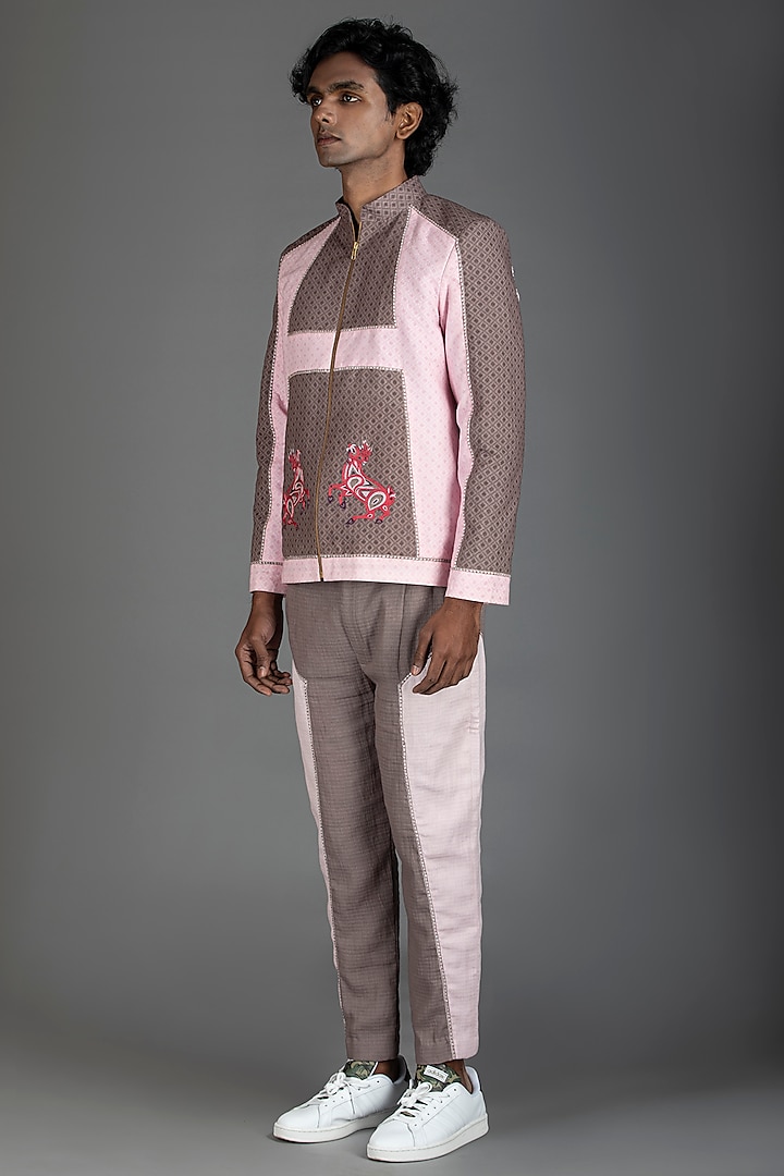 Light Pink Embroidered Bomber Jacket by Beejoliyo Men