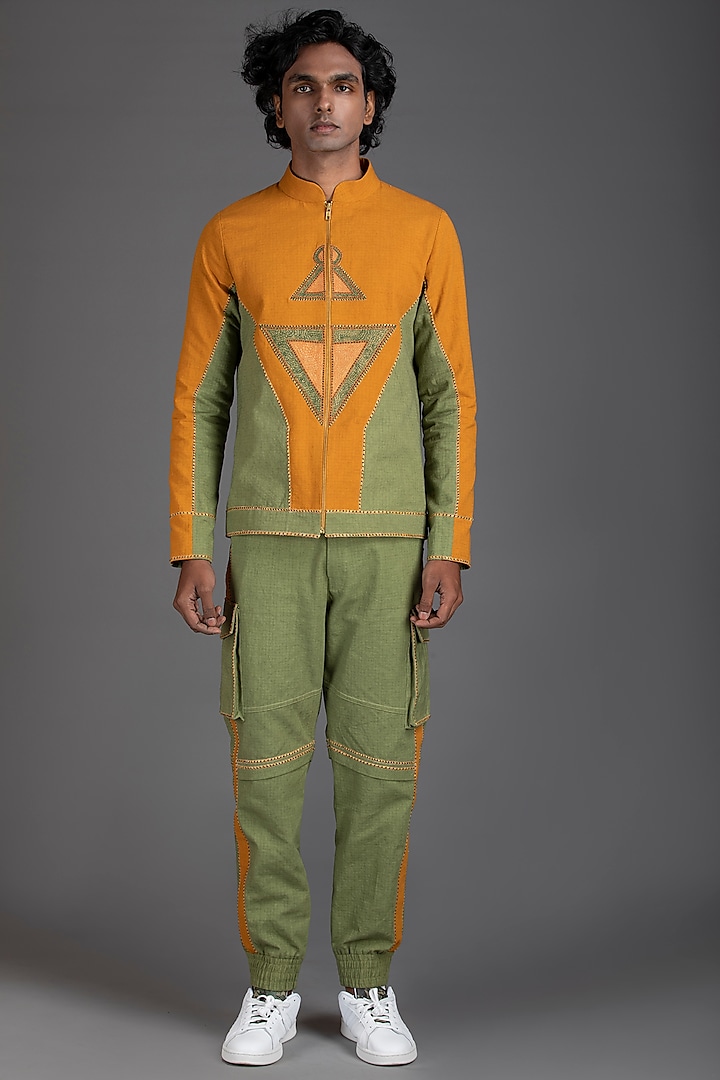 Sage Green & Orange Embroidered Bomber Jacket by Beejoliyo Men