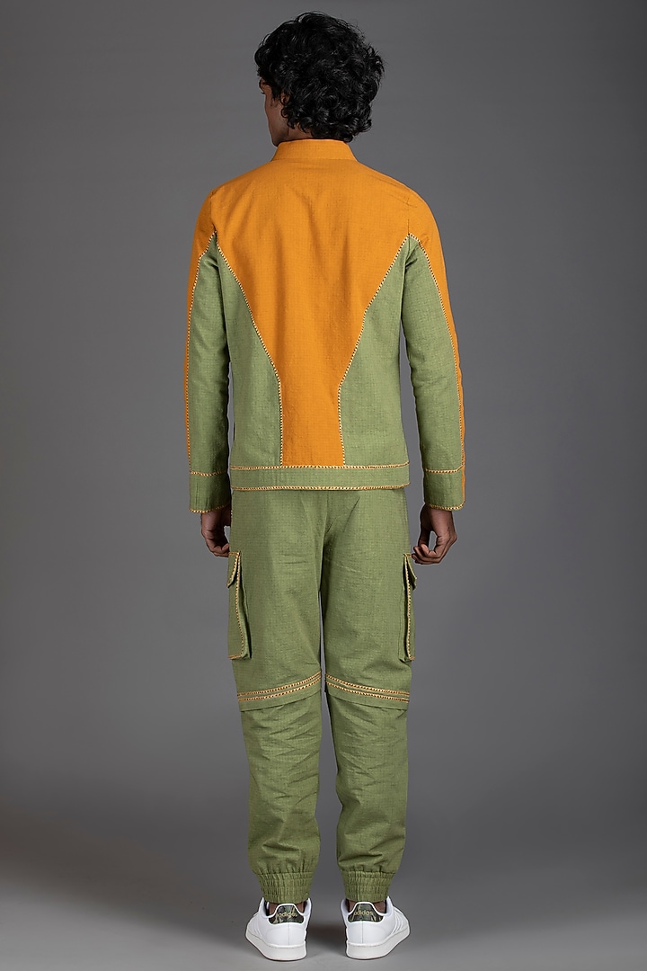 Sage Green & Orange Color-Blocked Pleated Cargo Pants by Beejoliyo Men at Pernia's Pop Up Shop