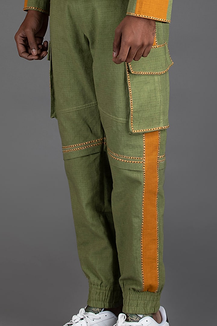Sage Green & Orange Color-Blocked Pleated Cargo Pants Design by