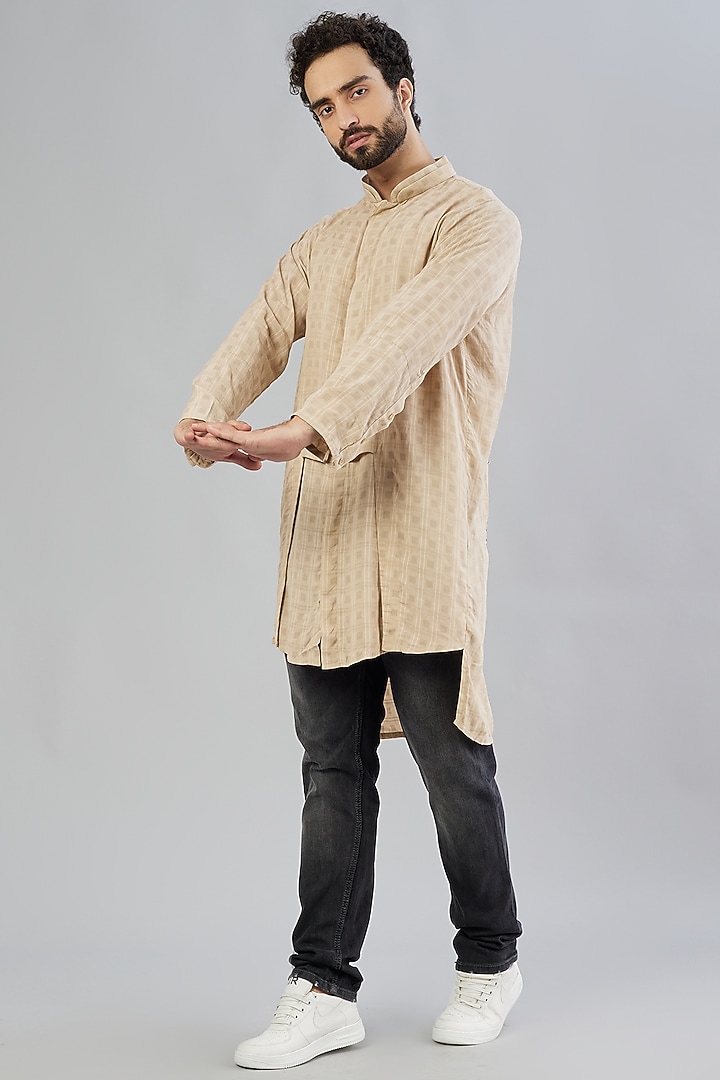 Light Brown Long Line Party Wear Shirt by Beejoliyo Men at Pernia's Pop Up Shop