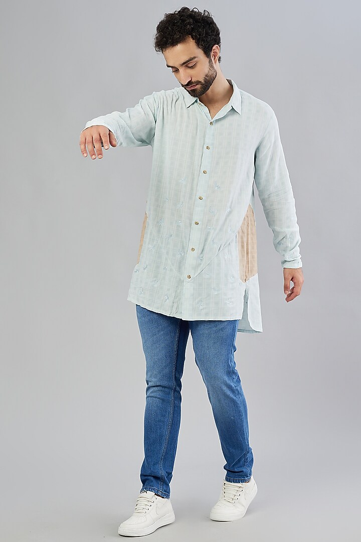 Sky Blue Colour-Blocked Long Line Party Wear Shirt by Beejoliyo Men at Pernia's Pop Up Shop