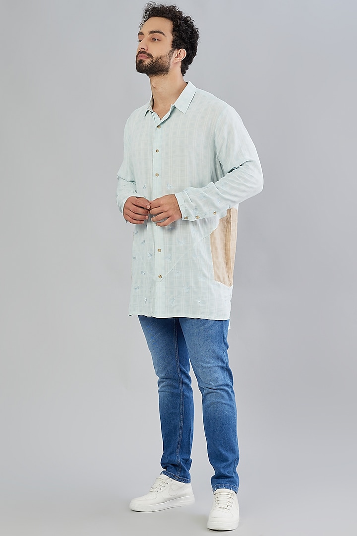 Sky Blue Colour-Blocked Long Line Shirt by Beejoliyo Men