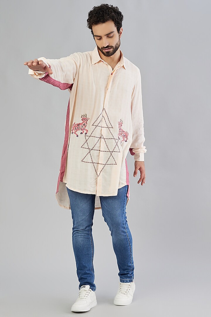 Peach Embroidered Shirt by Beejoliyo Men