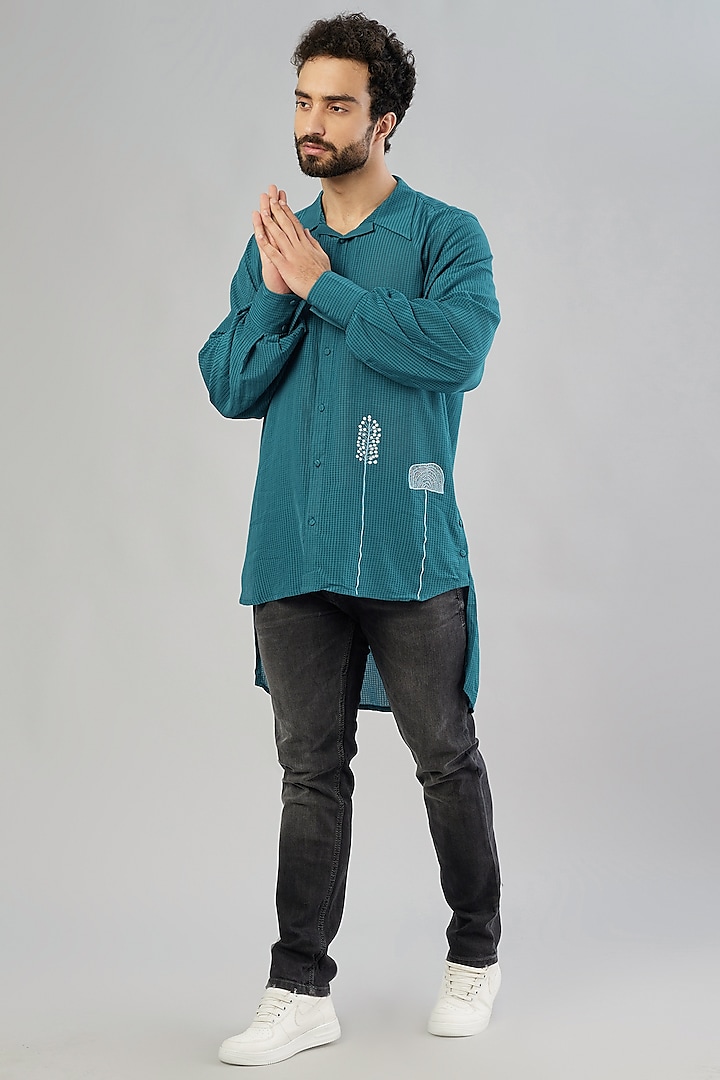 Deep Space Blue Embroidered Long Line Shirt by Beejoliyo Men