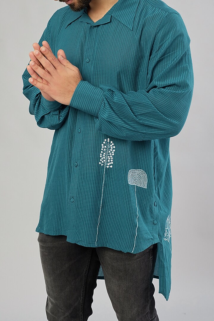 Deep Space Blue Embroidered Long Line Party Wear Shirt by Beejoliyo Men at Pernia's Pop Up Shop