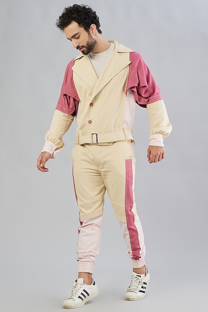 Beige Colour-Blocked Jogger Pants by Beejoliyo Men