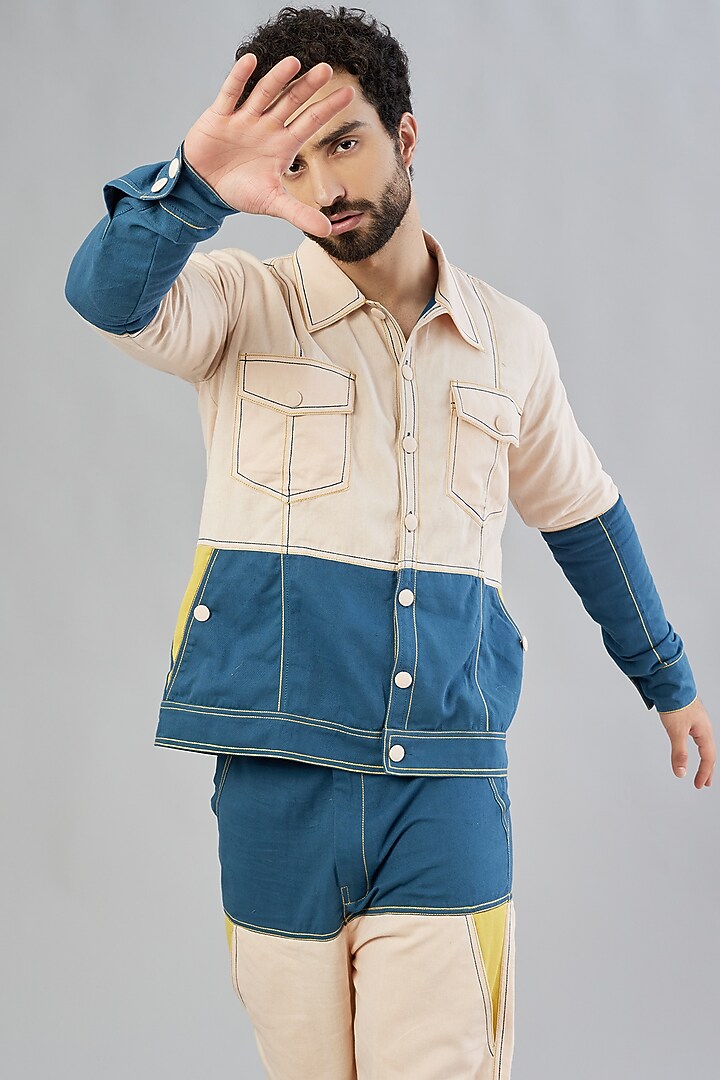 Deep Space Blue & Mustard Yellow Embroidered Jacket by Beejoliyo Men at Pernia's Pop Up Shop