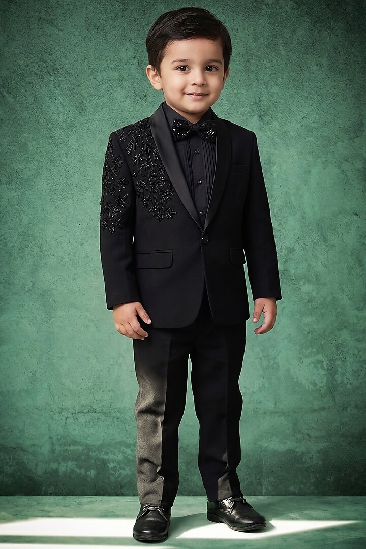 Black Japanese Rayon Cutdana Handwork Tuxedo Set For Boys by Abees Kids at Pernia's Pop Up Shop