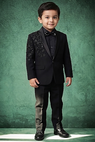 Black Japanese Rayon Cutdana Handwork Tuxedo Set For Boys by Abees Kids