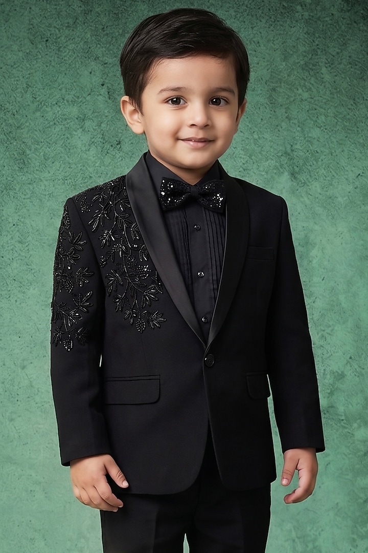 Black Japanese Rayon Cutdana Handwork Tuxedo Set For Boys by Abees Kids at Pernia's Pop Up Shop