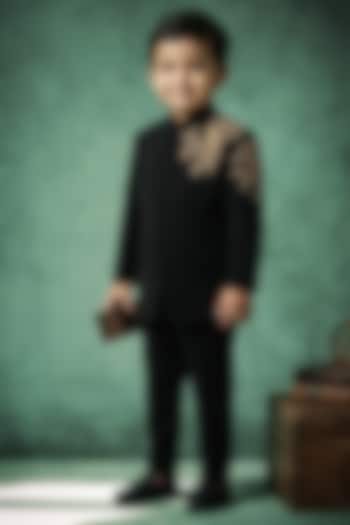 Black Japanese Rayon Handwork Bandhgala Set For Boys by Abees Kids at Pernia's Pop Up Shop