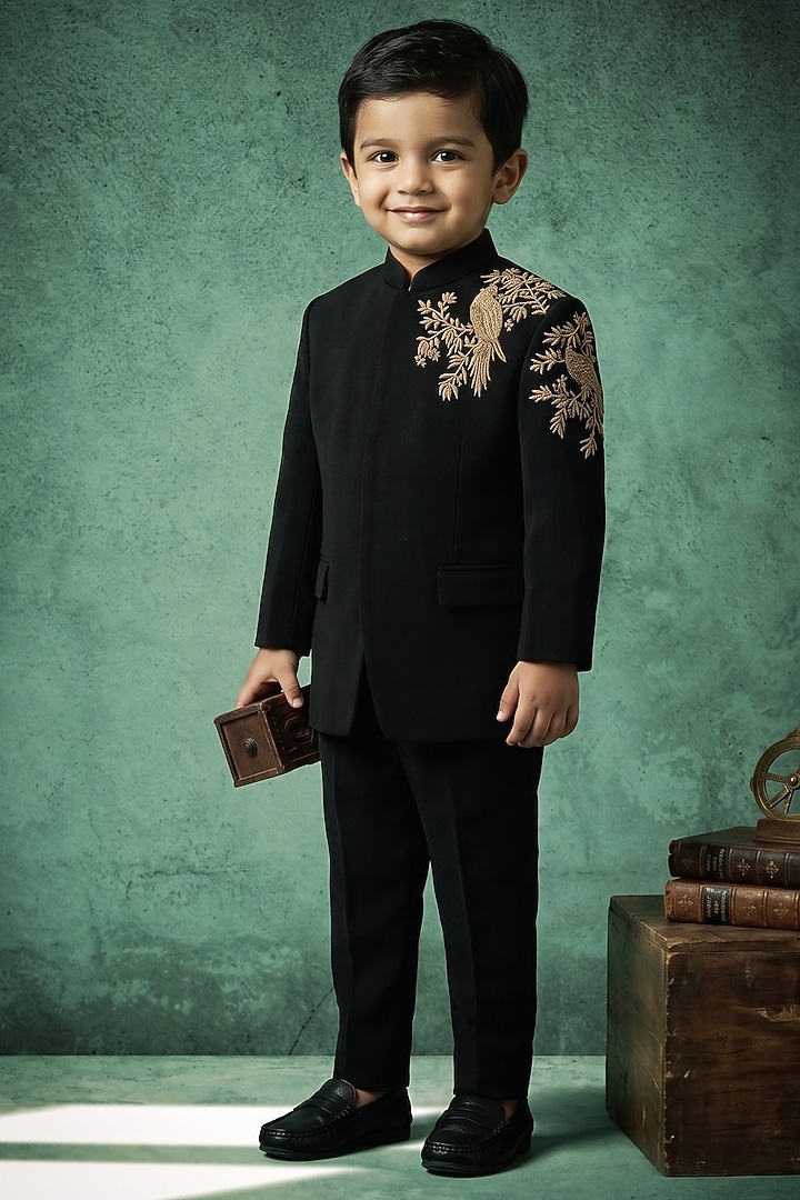 Black Japanese Rayon Handwork Bandhgala Set For Boys by Abees Kids at Pernia's Pop Up Shop