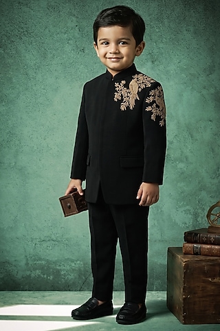 Black Japanese Rayon Handwork Bandhgala Set For Boys by Abees Kids