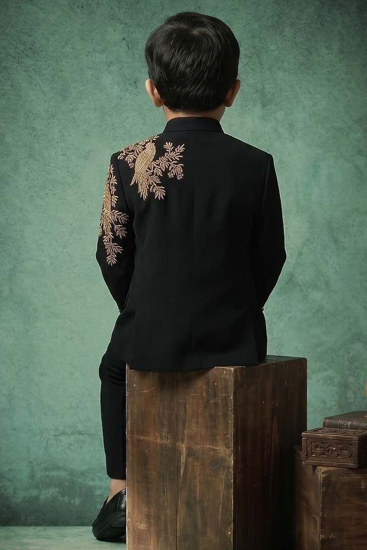 Black Japanese Rayon Handwork Bandhgala Set For Boys by Abees Kids at Pernia's Pop Up Shop