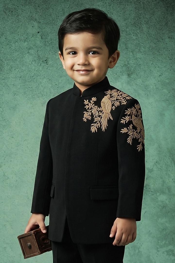 Black Japanese Rayon Handwork Bandhgala Set For Boys by Abees Kids at Pernia's Pop Up Shop