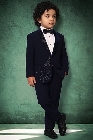 Blue Japanese Twill Handwork Tuxedo Set For Boys by Abees Kids