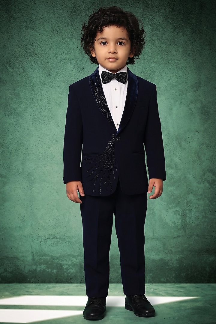 Blue Japanese Twill Handwork Tuxedo Set For Boys by Abees Kids at Pernia's Pop Up Shop