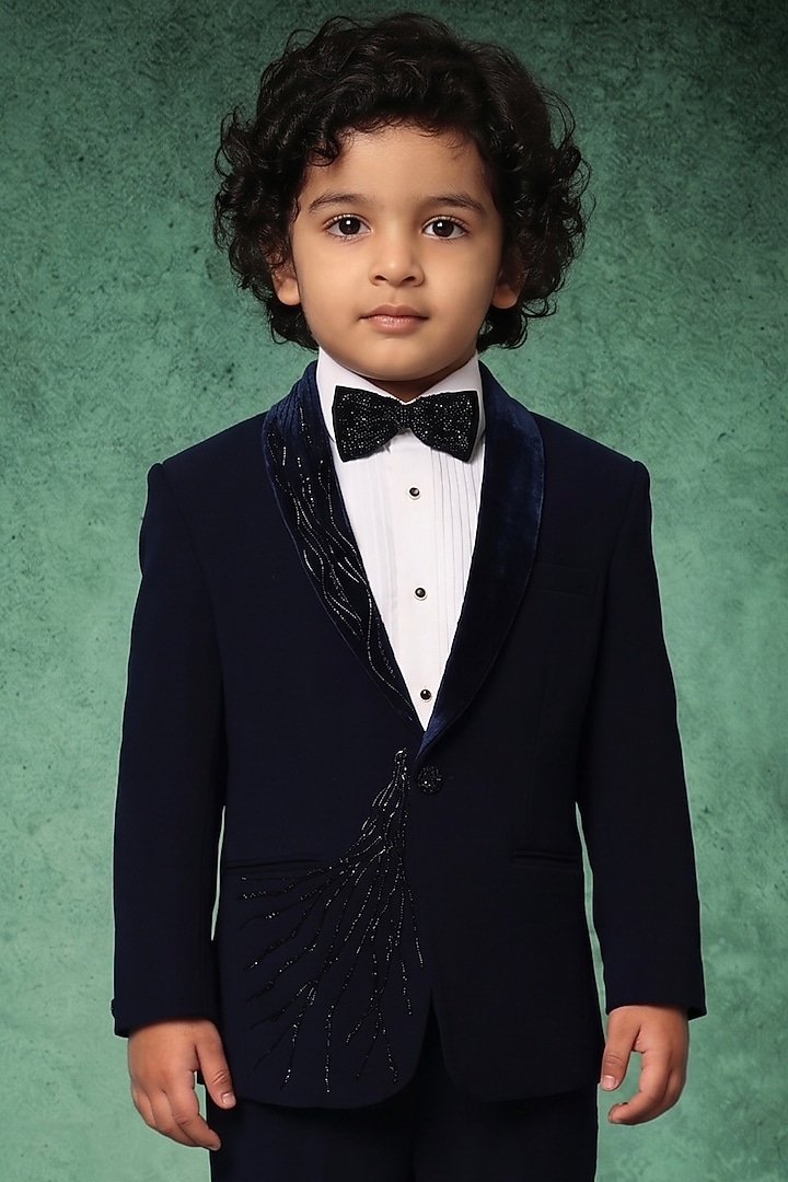 Blue Japanese Twill Handwork Tuxedo Set For Boys by Abees Kids at Pernia's Pop Up Shop