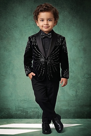 Black Japanese Twill Handwork Tuxedo Set For Boys by Abees Kids