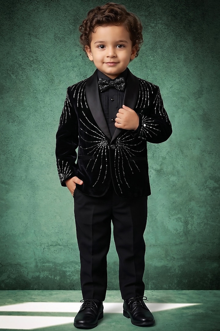 Black Japanese Twill Handwork Tuxedo Set For Boys by Abees Kids at Pernia's Pop Up Shop