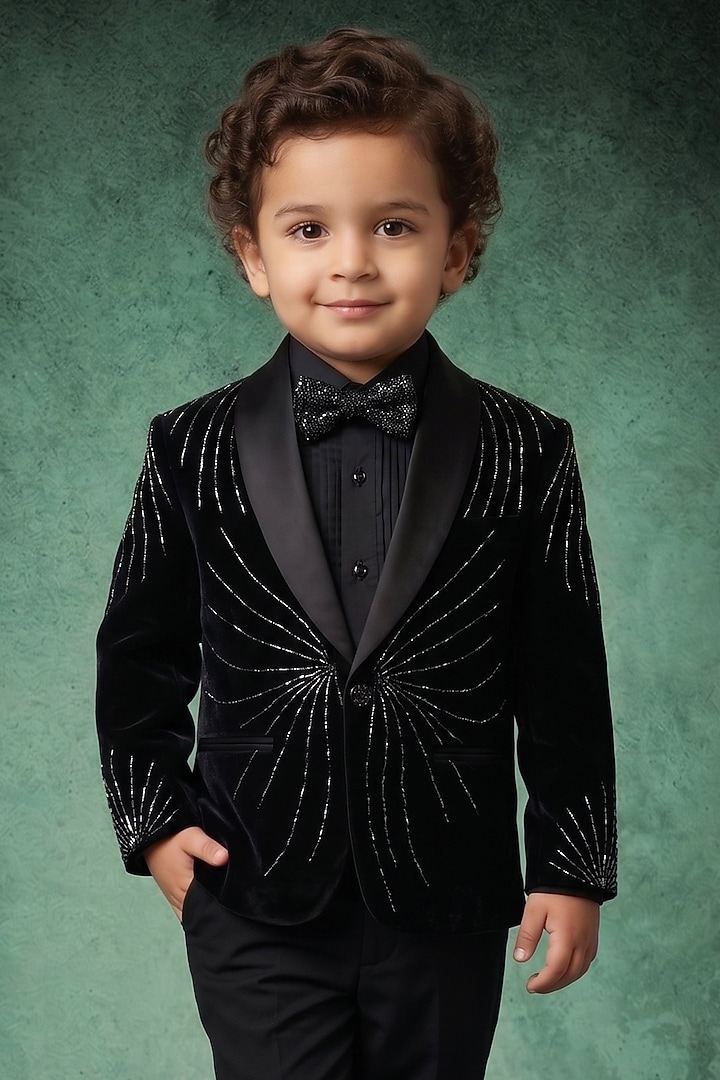 Black Japanese Twill Handwork Tuxedo Set For Boys by Abees Kids at Pernia's Pop Up Shop