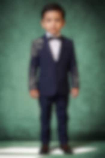 Navy Blue Japanese Rayon Handwork Tuxedo Set For Boys by Abees Kids at Pernia's Pop Up Shop