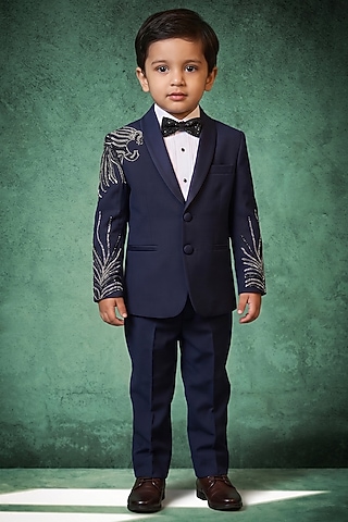 Navy Blue Japanese Rayon Handwork Tuxedo Set For Boys by Abees Kids