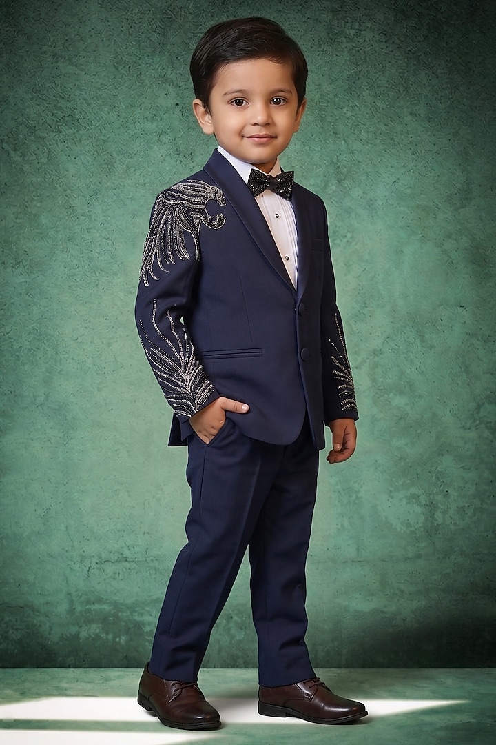 Navy Blue Japanese Rayon Handwork Tuxedo Set For Boys by Abees Kids at Pernia's Pop Up Shop