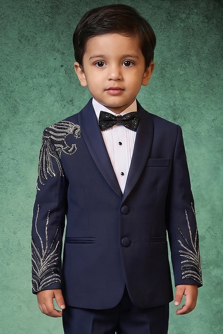 Navy Blue Japanese Rayon Handwork Tuxedo Set For Boys by Abees Kids at Pernia's Pop Up Shop