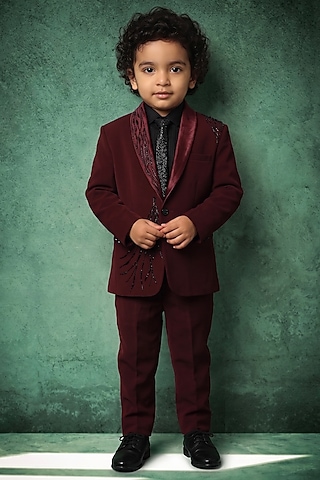 Wine Japanese Twill Handwork Tuxedo Set For Boys by Abees Kids